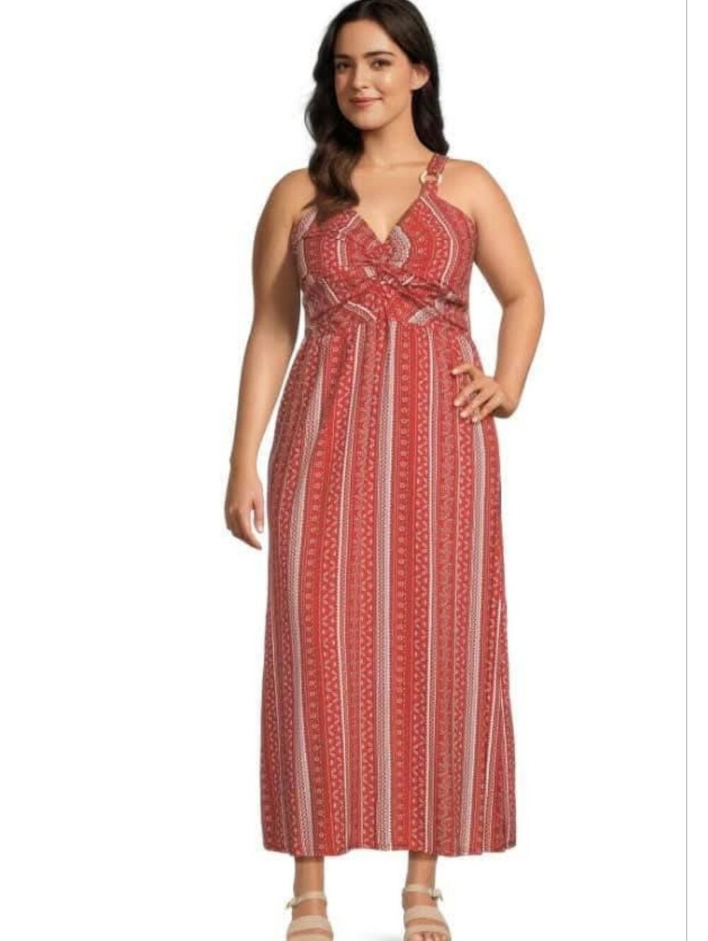 Dark Red Printed Maxi Dress with Knot Front